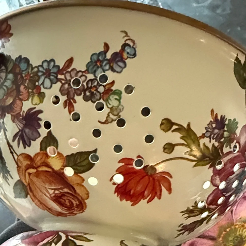 MacKenzie-Childs Floral Cream and Pink Enamel Colander with Gold Trim